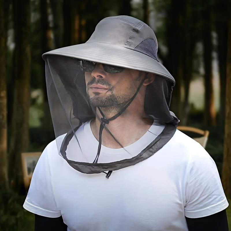 UV Protection Hat with Face Mask Breathable Insect Protection Wide Brim Fishing Hat Outdoor Sport Nature Hiking Camping Mesh Hat