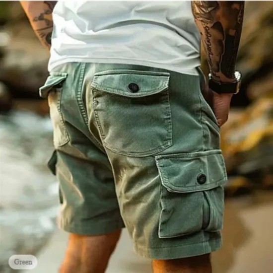 Men's Workwear Shorts Summer Casual Corduroy Loose Elastic Waist Multi-Pocket Leisure Pants Embroidery Retro Style Male Trousers