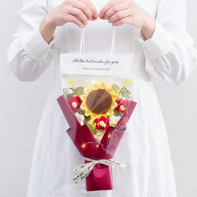 1PC Crochet Flowers Bouquet Finished Graduation Flower Bouquet with Gift Bag LED Lamp String Festival Decoration Handmade Gifts