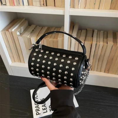 Retro Rivet Crossbody Bag For Women 2026 Boho Clutch Bag Black Handbag Lady Girls Shoulder Phone Purse Small Round Bag Black