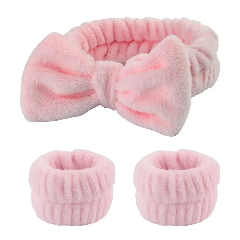 Spa Headband with Wrist Towels for Face Washing Set Elastic Bow Headbands with Highly Absorbent Wristbands for Shower Skincare