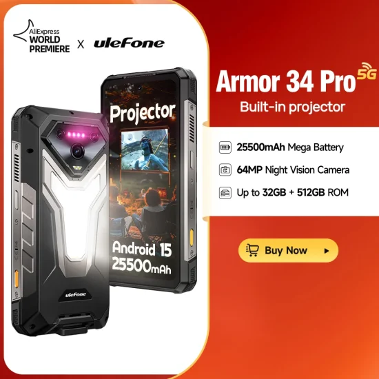 【NEW】Ulefone AI Smartphone Armor 34 Pro 5G 25500mAh  Built-in Projector 512GB ROM   120Hz 6.95" NFC Smartphone Mobile Phone