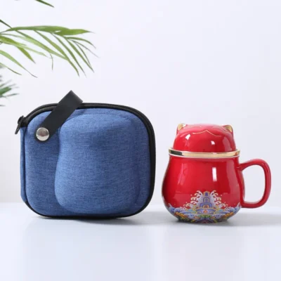 Portable Set of Tea Cup, Mug and 2-Cups,Wide Mouth, Easy to Clean, Keep Tea Hot,Steeping Loose Leaf Tea Bag,Cute Cat, 10.8oz