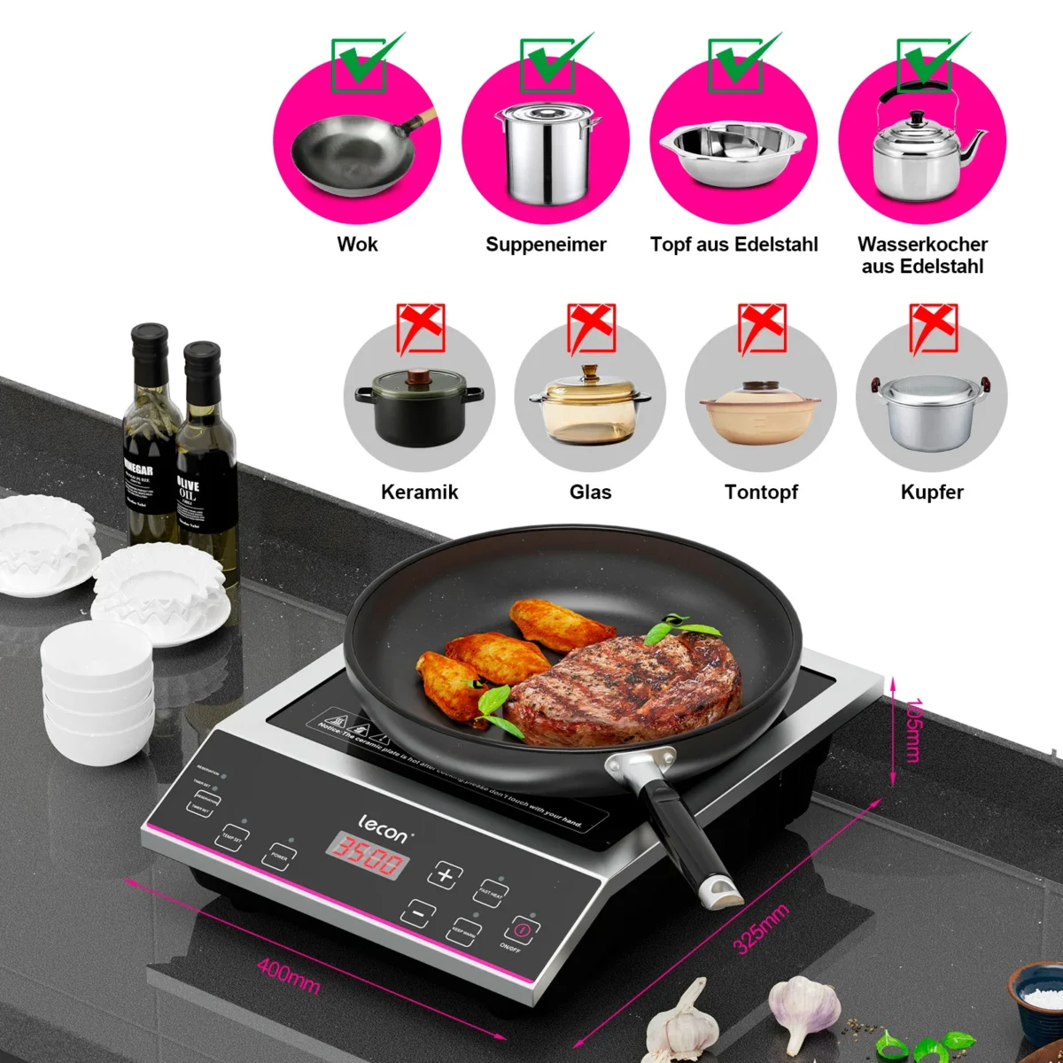 Leconchef Induktionskochplatte 3500W Induktionskochfeld mit Timer und Isolierfunktion, 50KG Große Tragfähigkeit Edelstahlgehäuse