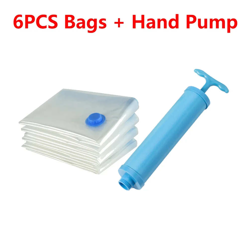 6PCS Vacuum Bag With Valve & Pump for Clothes Storing Large Plastic Compression Empty Bag Travel Accessories Storage Container