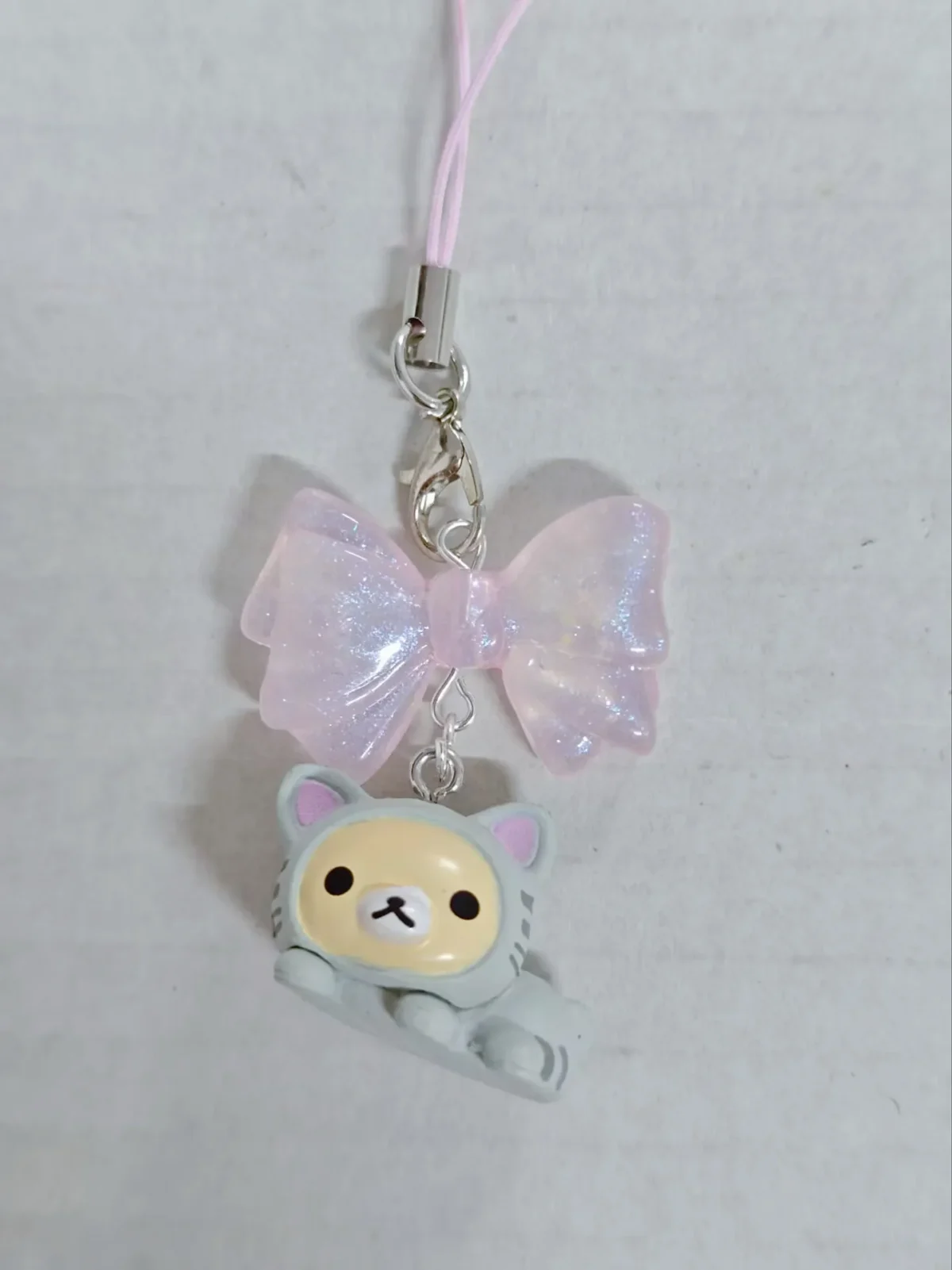 Cute Rilakkuma Korilakkuma Bear Pink Bow Cat Mascot Keychain PVC Bead Strap Keyring Keyholder Bag Pendant Phone Chain Toy