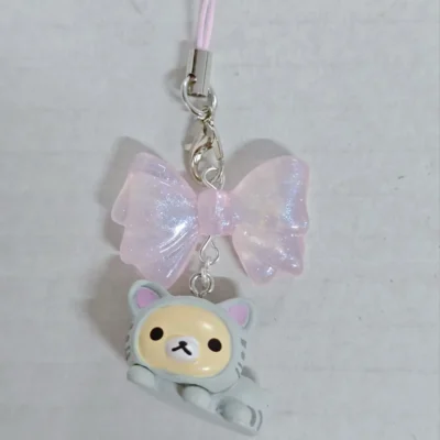 Cute Rilakkuma Korilakkuma Bear Pink Bow Cat Mascot Keychain PVC Bead Strap Keyring Keyholder Bag Pendant Phone Chain Toy