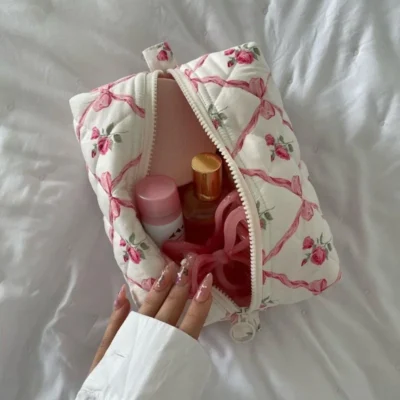 New Bow Cosmetic Bag Pink Flower Makeup Organizer Skincare Perfect Gift Washing Bag For Travel Cosmetics Storage Bag