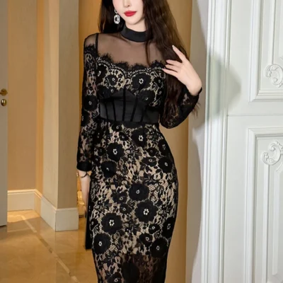 Fashion Ladies Black Lace Evening Dresses Women Clothing Elegant Chic Sexy Long Sleeve Slim Party Club Prom Dress Mujer Vestidos
