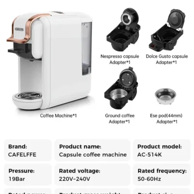 Cafelffe Multiple Capsule Coffee Machine 4 in 1 Hot/Cold DG Cappuccino Nespresso Capsule ESE Pod Ground Espresso Cafeteria 19Bar