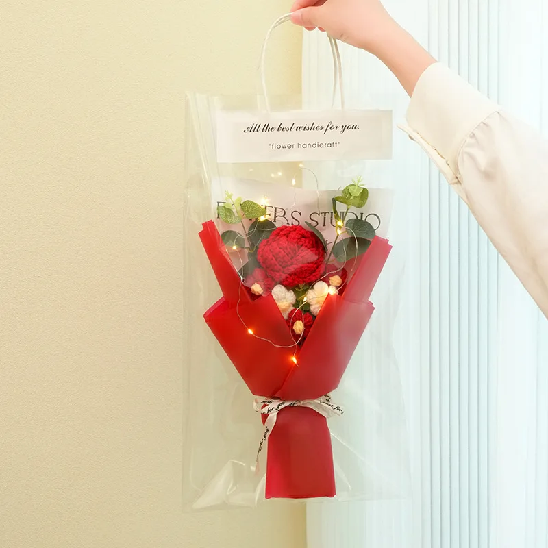 1PC Crochet Flowers Bouquet Finished Graduation Flower Bouquet with Gift Bag LED Lamp String Festival Decoration Handmade Gifts