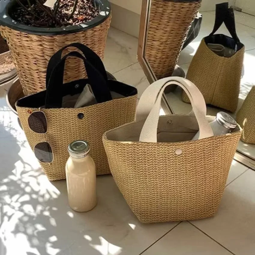 1 Pcs Casual Rattan Women Handbags Summer Beach Straw Bags Wicker Woven Female Totes Large Capacity Lady Buckets Travel Bag