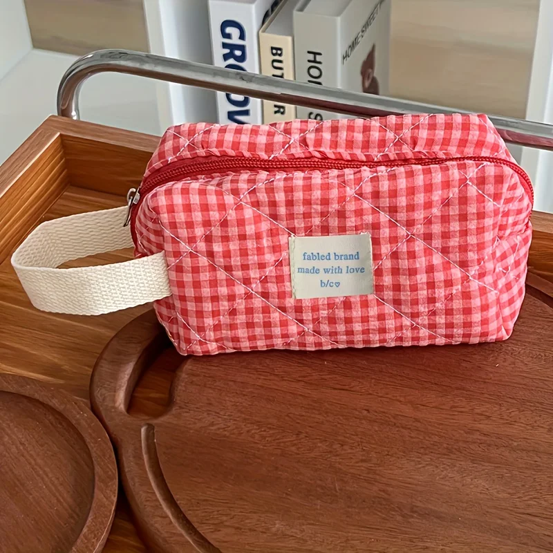 Plaid Makeup Bag Large Capacity Portable Cosmetic Bag For Women Girls Skincare Toiletry Bag Multifunctional Cute Wallet Pouch
