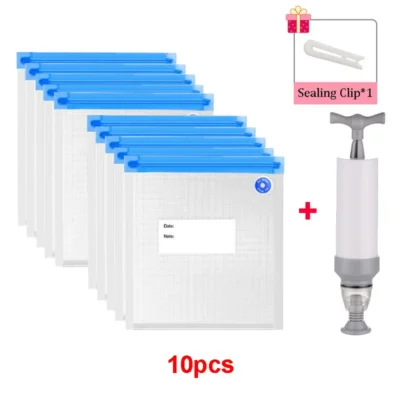 5/10Pcs Reusable Vacuum Sealer Bags Food Storage bag Household Vacuum Vegetables Food Sealer Bag With Hand Pump Sealing Clips