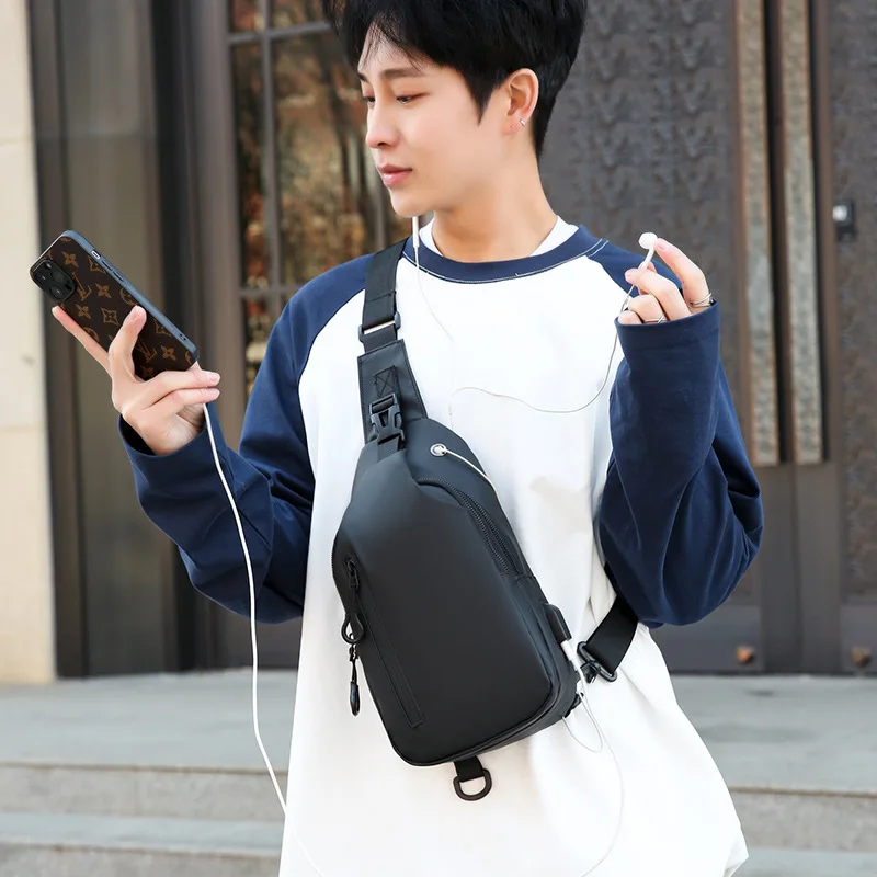 Men Bag Fashion New Solid Color Men Chest Bag Outdoor Casual Fashion One Shoulder Crossbody Bag Nylon USB Charging Shoulder Bags