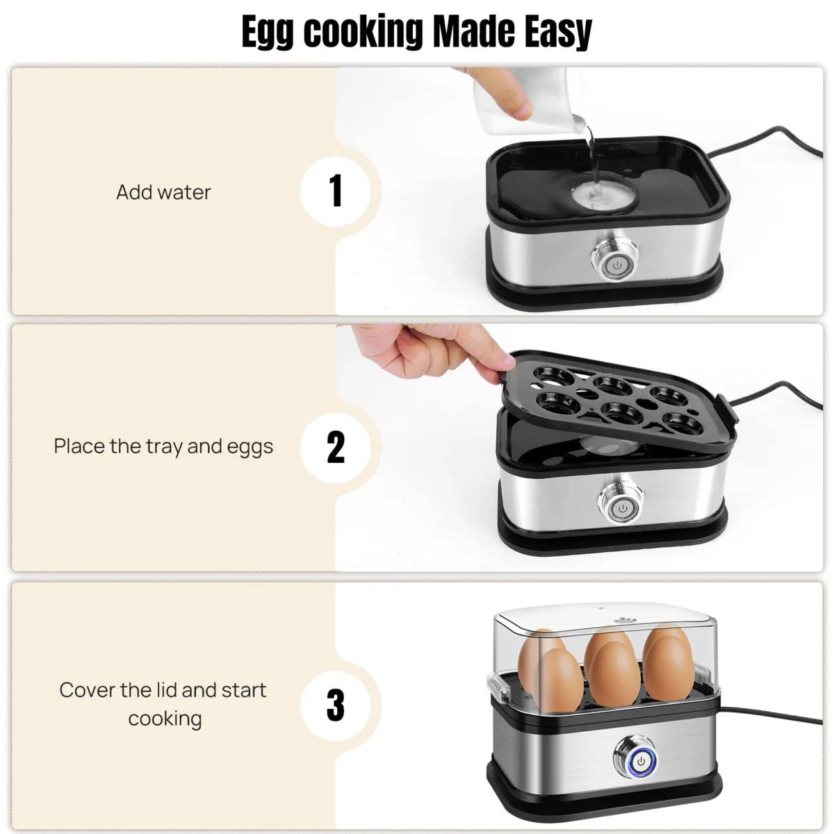 DayPlus Egg Boiler, 6 Eggs Capacity Cooker for Soft,Multi-use Space Saving Food Steamer for Corn, Vegetable, Dumplings