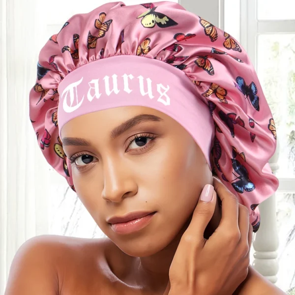 1PC Pink Butterfly Satin Sleep Bonnet & Headband Set - Adjustable Hair Protector for Daily, Makeup & Skincare Constellation