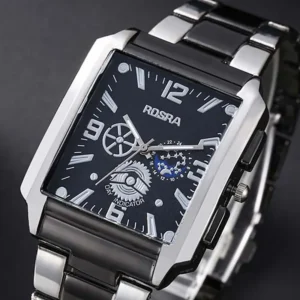 Men Watches Steel Fashion Elegant Rectangle Dial Steel Clock Quartz Watch Men's Silver-Black Cool Wristwatch Masculino Relogio