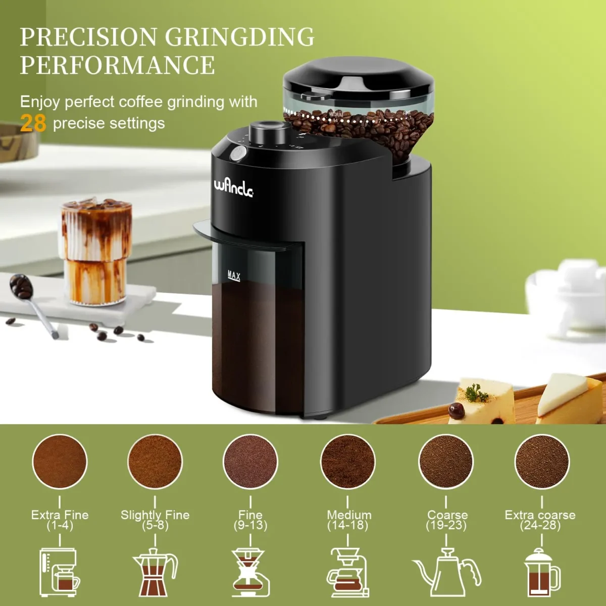 Wancle Automatic Burr Mill Coffee Grinder with 28 Grind Settings Electric Coffee Bean Grinding for Espresso Frech Press 2-12 Cup