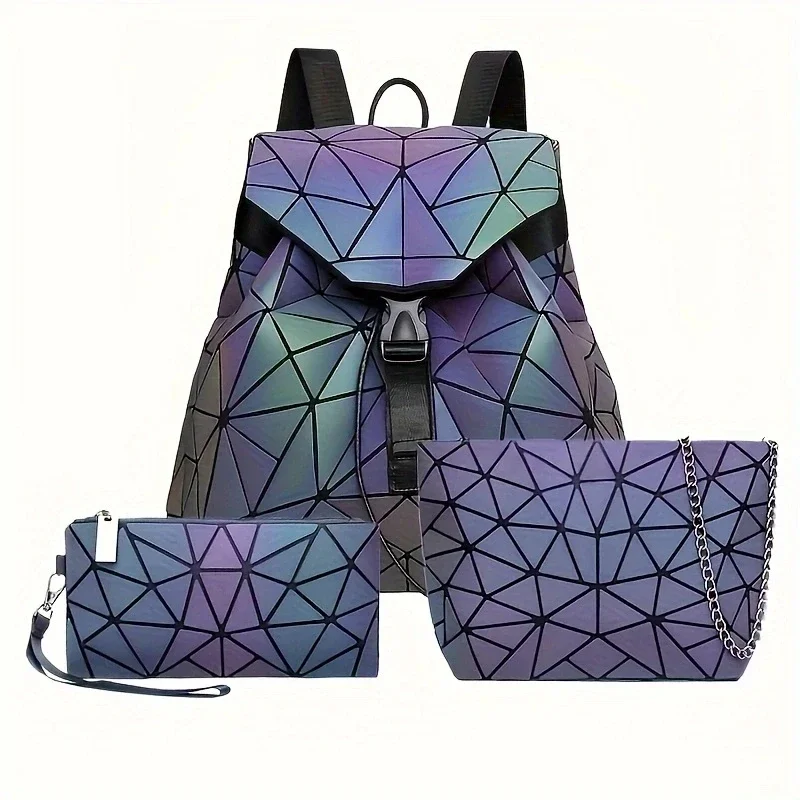 Fashion Drawstring Folding Backpack 3 Set/Holographic Diamond Luminous Travel Bag/Shoulder Bag/Long Purset