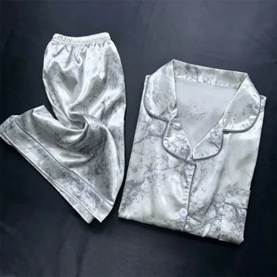 2 Pieces Print Sleepwear Faux Silk Satin Nightwear Pyjamas Fashion Casual Pajama Women Shorts Pajamas Set Ink Painting Outfits