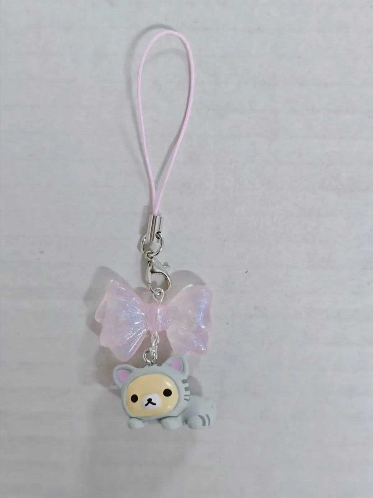 Cute Rilakkuma Korilakkuma Bear Pink Bow Cat Mascot Keychain PVC Bead Strap Keyring Keyholder Bag Pendant Phone Chain Toy