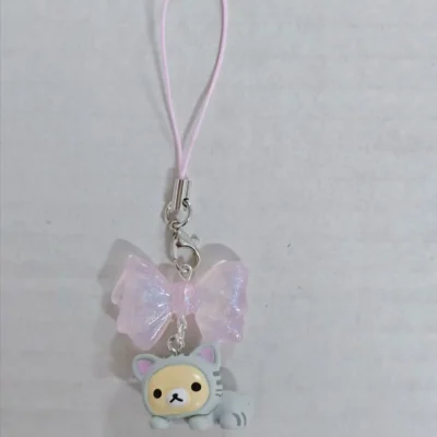 Cute Rilakkuma Korilakkuma Bear Pink Bow Cat Mascot Keychain PVC Bead Strap Keyring Keyholder Bag Pendant Phone Chain Toy