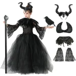Halloween Maleficents Costume for Girls Evil Queen Dress Up Costumes Witch Devil Black Tulle Mesh Princess Dress Cosplay Clothes