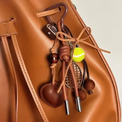 Vintage Brown Leather Bow Heart Pendant Fashion Tennis Keychain Braided Lanyard Key Ring Suitable for Women Bag Pendant