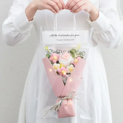1PC Crochet Flowers Bouquet Finished Graduation Flower Bouquet with Gift Bag LED Lamp String Festival Decoration Handmade Gifts