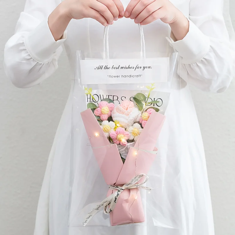 1PC Crochet Flowers Bouquet Finished Graduation Flower Bouquet with Gift Bag LED Lamp String Festival Decoration Handmade Gifts