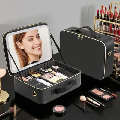 Smart 3 Color LED Cosmetic Case With Mirror Travel Makeup Bag Large Size Female Beauty Skincare Product Makeup Case For Women