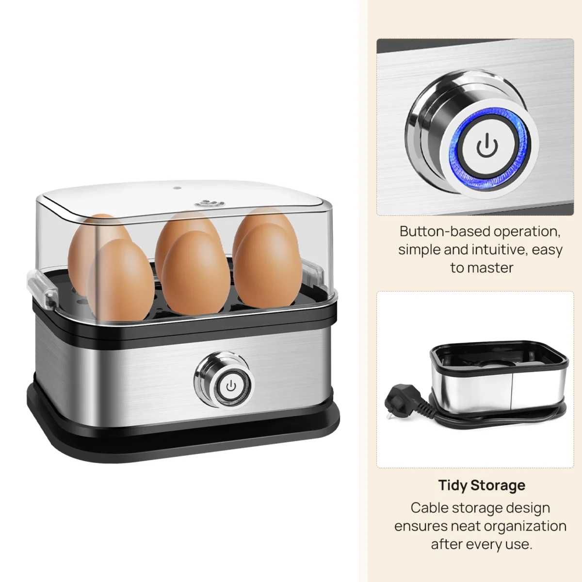 DayPlus Egg Boiler, 6 Eggs Capacity Cooker for Soft,Multi-use Space Saving Food Steamer for Corn, Vegetable, Dumplings