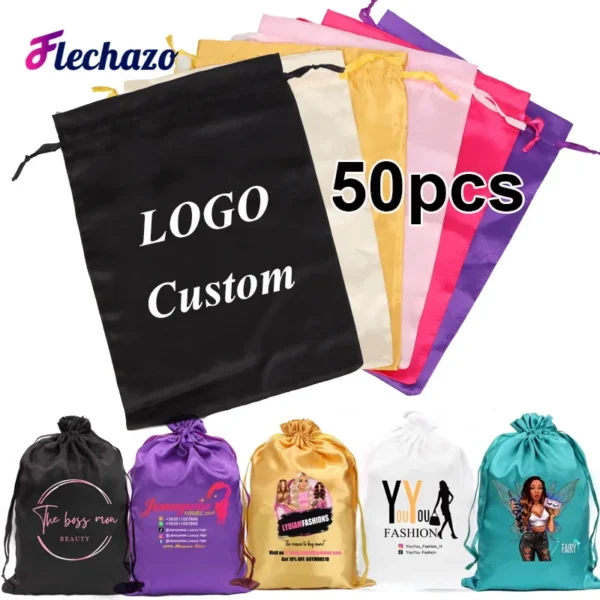 Satin Wig Bag Private Logo 50Pcs Wholesale Wig Packaging Bags For Business Hair Extensions Bags With Logo Drawstring Wig Bags