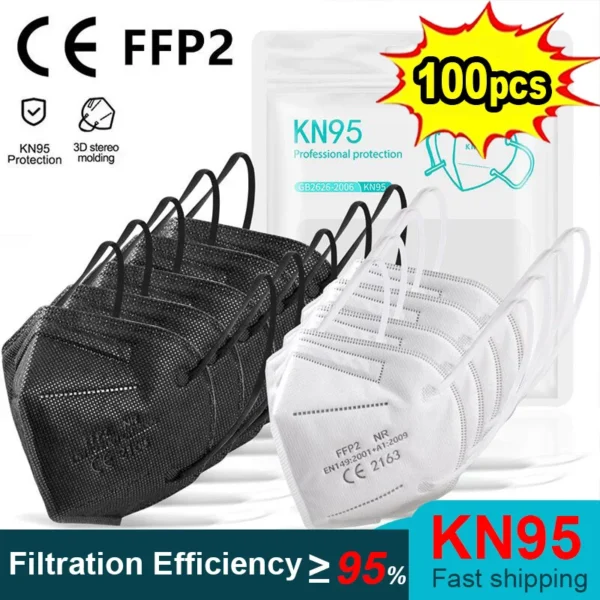 10-100pcs ffp2mask Black kn95 mascarillas negra Adults 5Layers fpp2 approved kn95 CE Respirator Face Mask ffp2 reutilizable ffp3