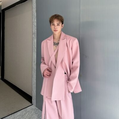 Mens Solid-Colored Casual Tie-Front Suit Wide-Leg Leisure Pants Set