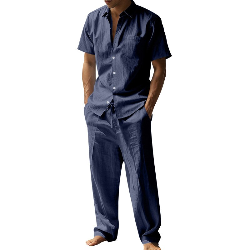Linen Lapel Short-Sleeve Shirt And Casual Trousers Two-Piece Set For Men