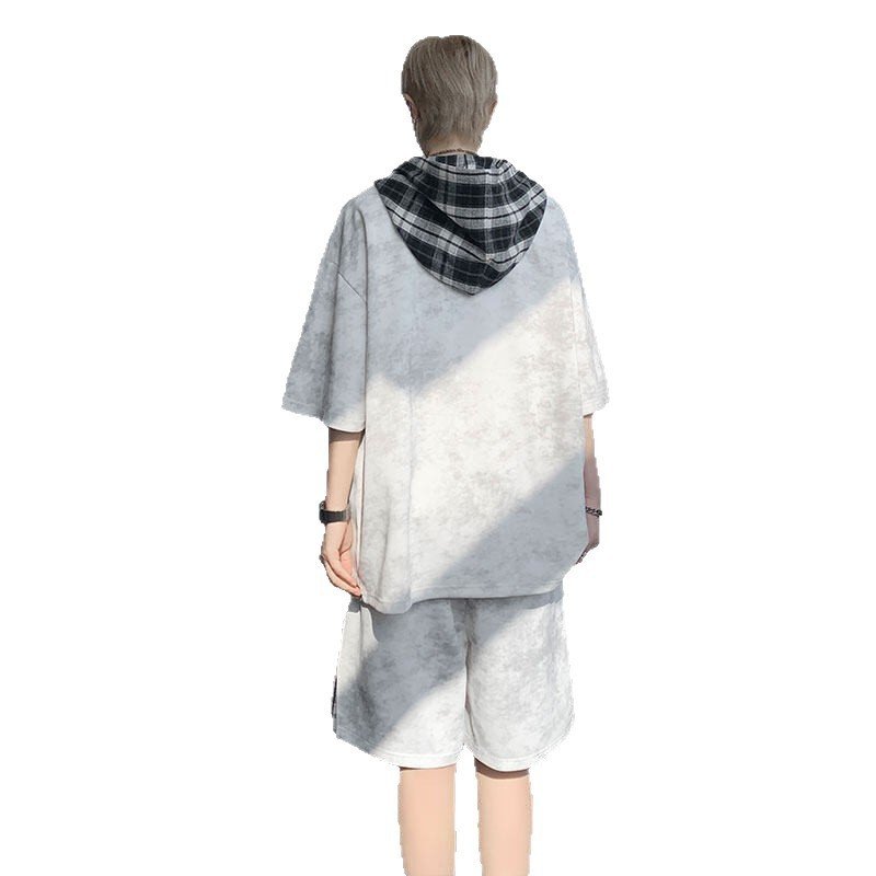 Loose-fitting Couples Hooded Plaid Top And Shorts Two-Piece Set