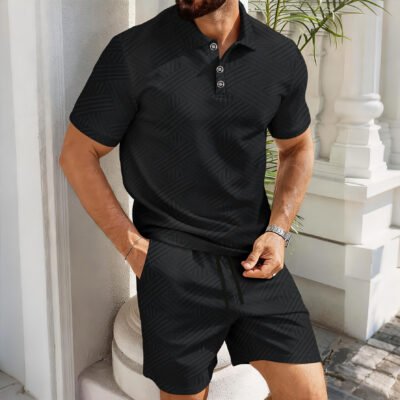 Solid-color Jacquard Short-sleeve Polo Shirt And Shorts Casual Two-piece Set