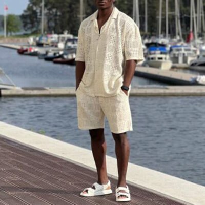 Mens Hollow-Out Lapel Button-Up Shirt And Loose Casual Shorts Set