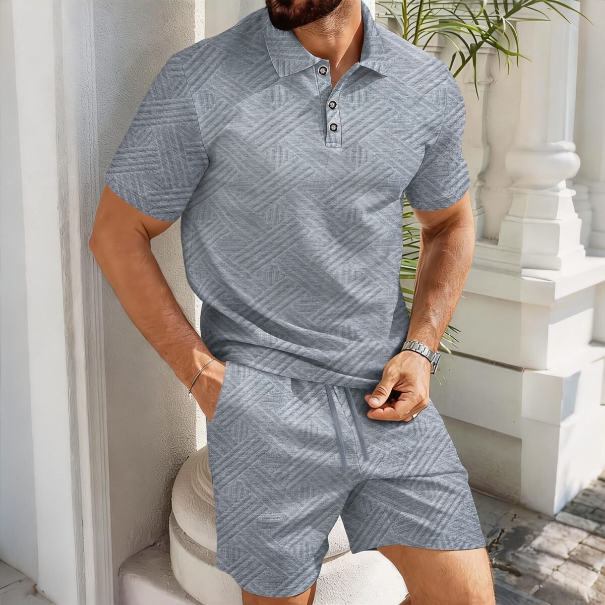 Solid-color Jacquard Short-sleeve Polo Shirt And Shorts Casual Two-piece Set