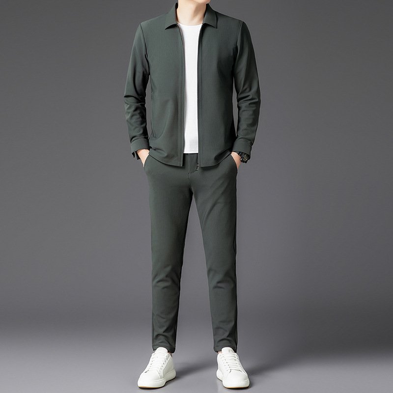 Autumn New Lapel Zip-up Cardigan Coat Jacket Trendy Trousers Mens Two-piece Set