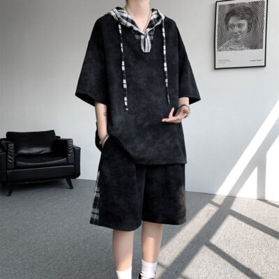 Loose-fitting Couples Hooded Plaid Top And Shorts Two-Piece Set