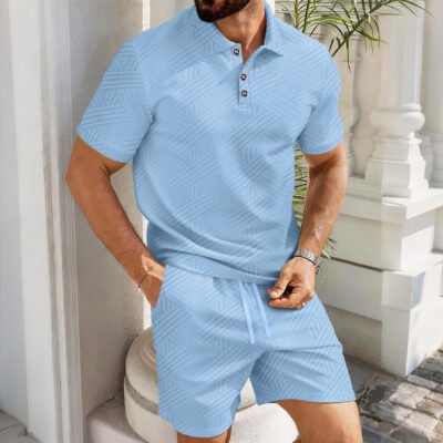Solid-color Jacquard Short-sleeve Polo Shirt And Shorts Casual Two-piece Set