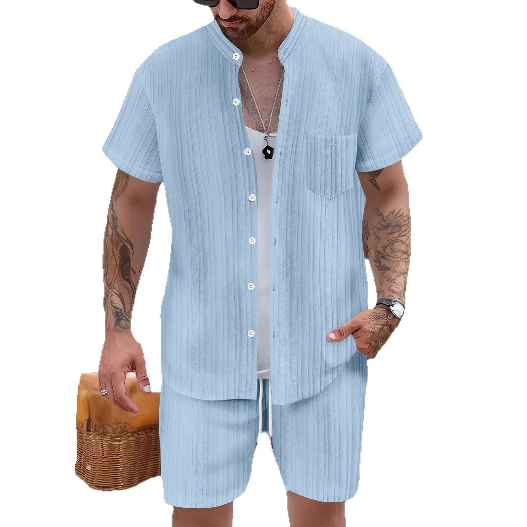 Fashionable Casual Stand Collar Pocket Short-Sleeve Shirt And Mens Shorts Two-Piece Set