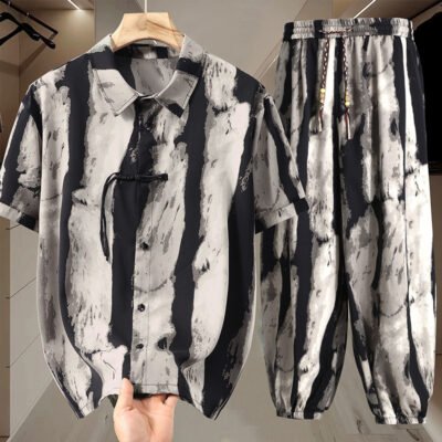 Mens Slim-fit Ice Silk Shirt And Pants Two-piece Set With Chinese-style Knot Buttons