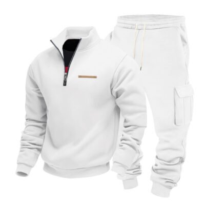 Fleece-lined Half-Zip Stand Collar Solid Color Casual Sweatshirt And Pants Set
