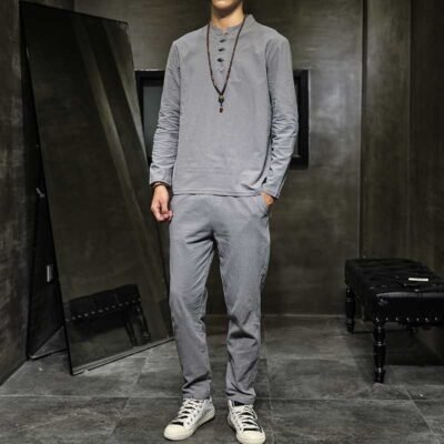 Men's Spring Cotton-Linen Long-Sleeve Top And Pants Set In Tang Suit Style