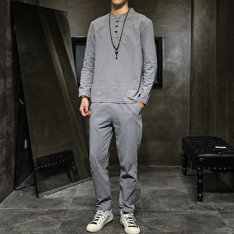 Men's Spring Cotton-Linen Long-Sleeve Top And Pants Set In Tang Suit Style