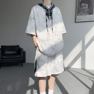 Loose-fitting Couples Hooded Plaid Top And Shorts Two-Piece Set